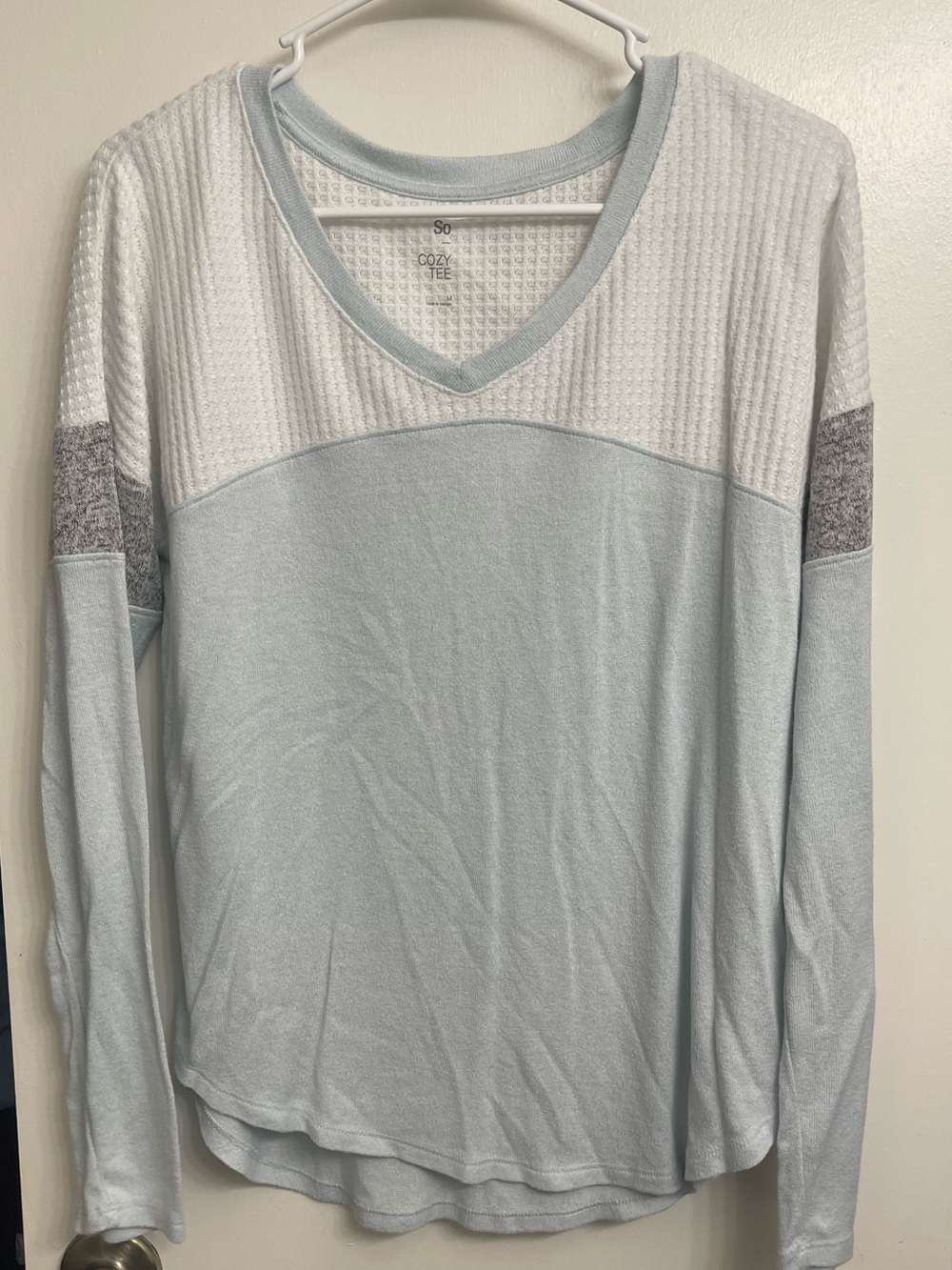 SO Pale Blue and White V-Neck Long Sleeve Top with Gray Accents